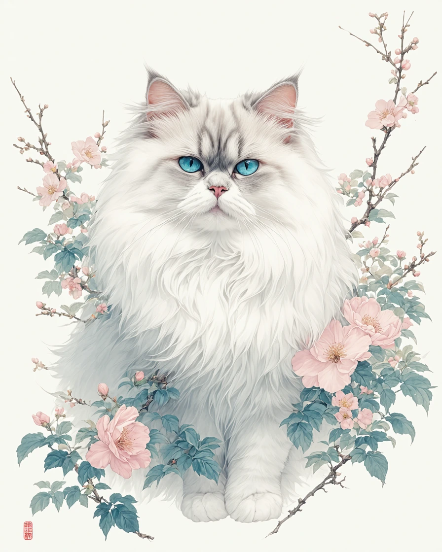 A highly detailed Japanese woodblock print–inspired illustration of a white long‑haired fluffy cat with striking bright blue eyes, stern disapproving expression (narrowed eyes, subtle furrowed brow), majestic slightly unkempt fur flowing outward like