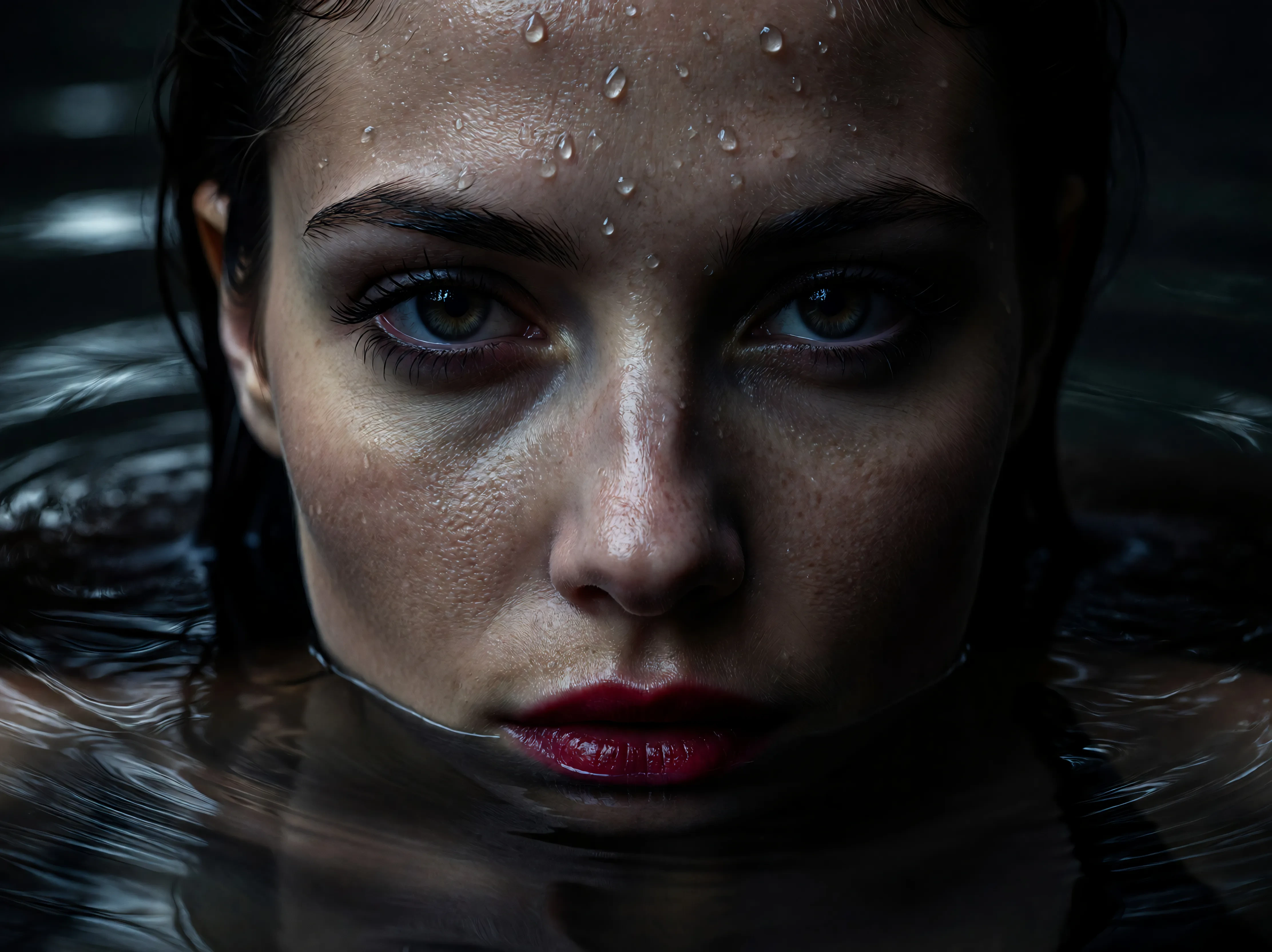 Close-up portrait of an extremely beautiful woman’s face partially submerged in calm water, only her eyes, nose, and mouth visible above the surface, the rest of her face fading beneath the waterline, crystal-clear reflections and subtle ripples surr