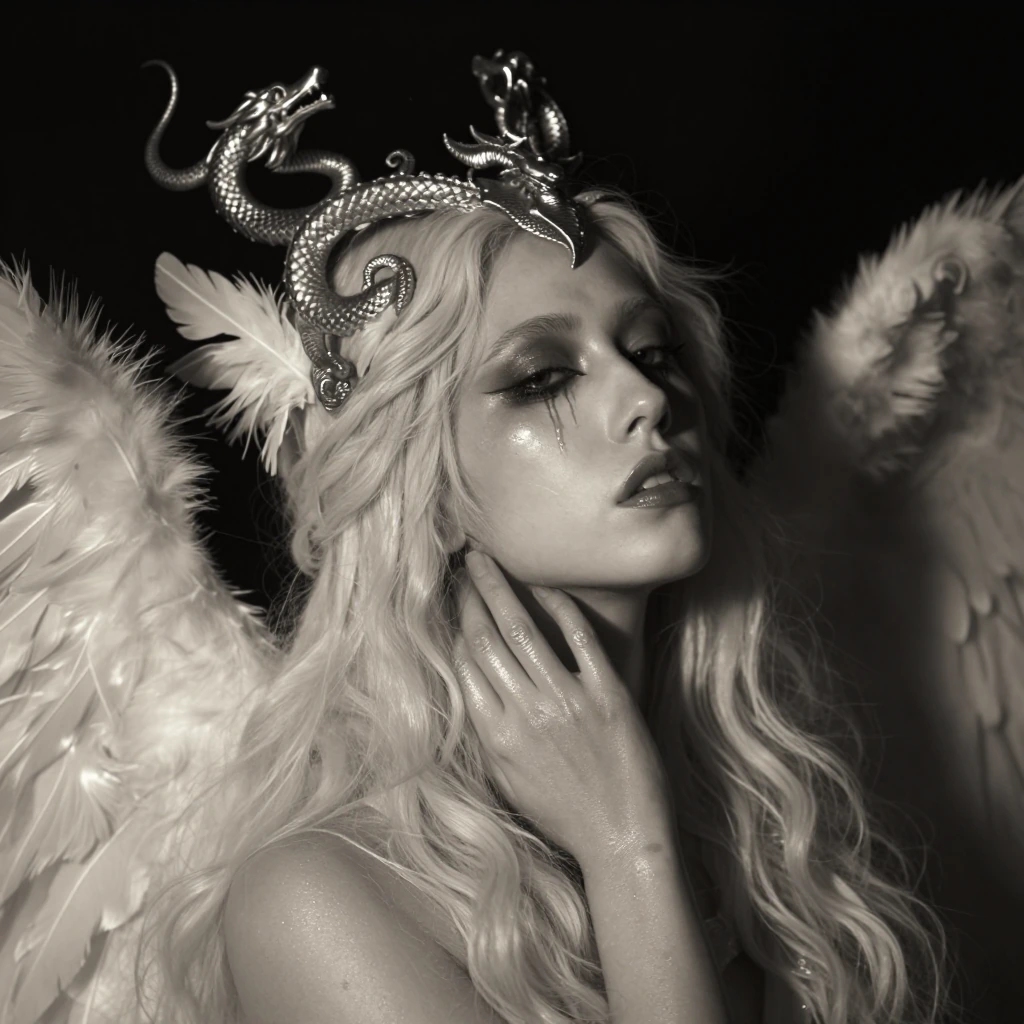 A hyper-detailed black-and-white photograph of a mythical female figure, possibly a Valkyrie or fallen angel, captured in dramatic chiaroscuro lighting against a void-black background. She wears an elaborate, sculptural headdress adorned with intrica