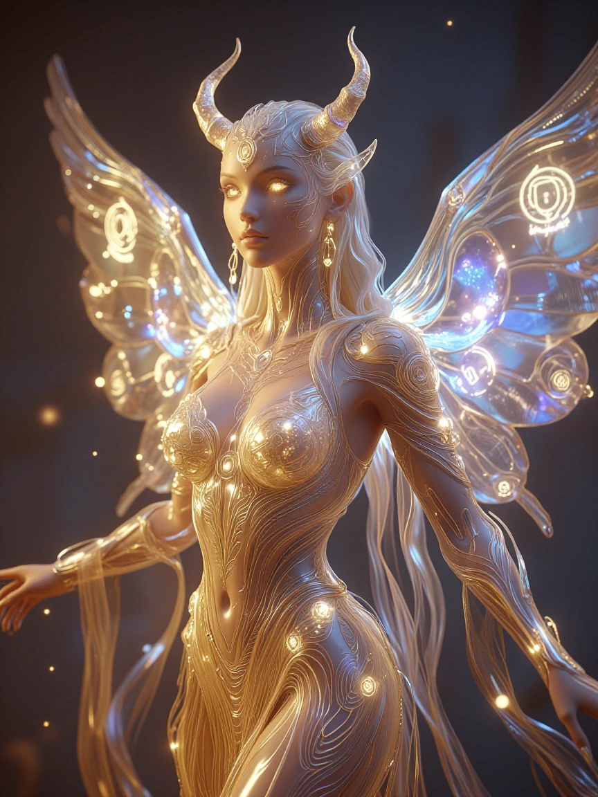 Ultra-realistic, 3D, UHD, 8K Image of an Interactive 3D Model of an Ethereal Goddess Design Details: Her presence radiates divine energy, exuding celestial grace and authority. Her glowing skin and eyes shimmer with ethereal ultraviolet light, drawin