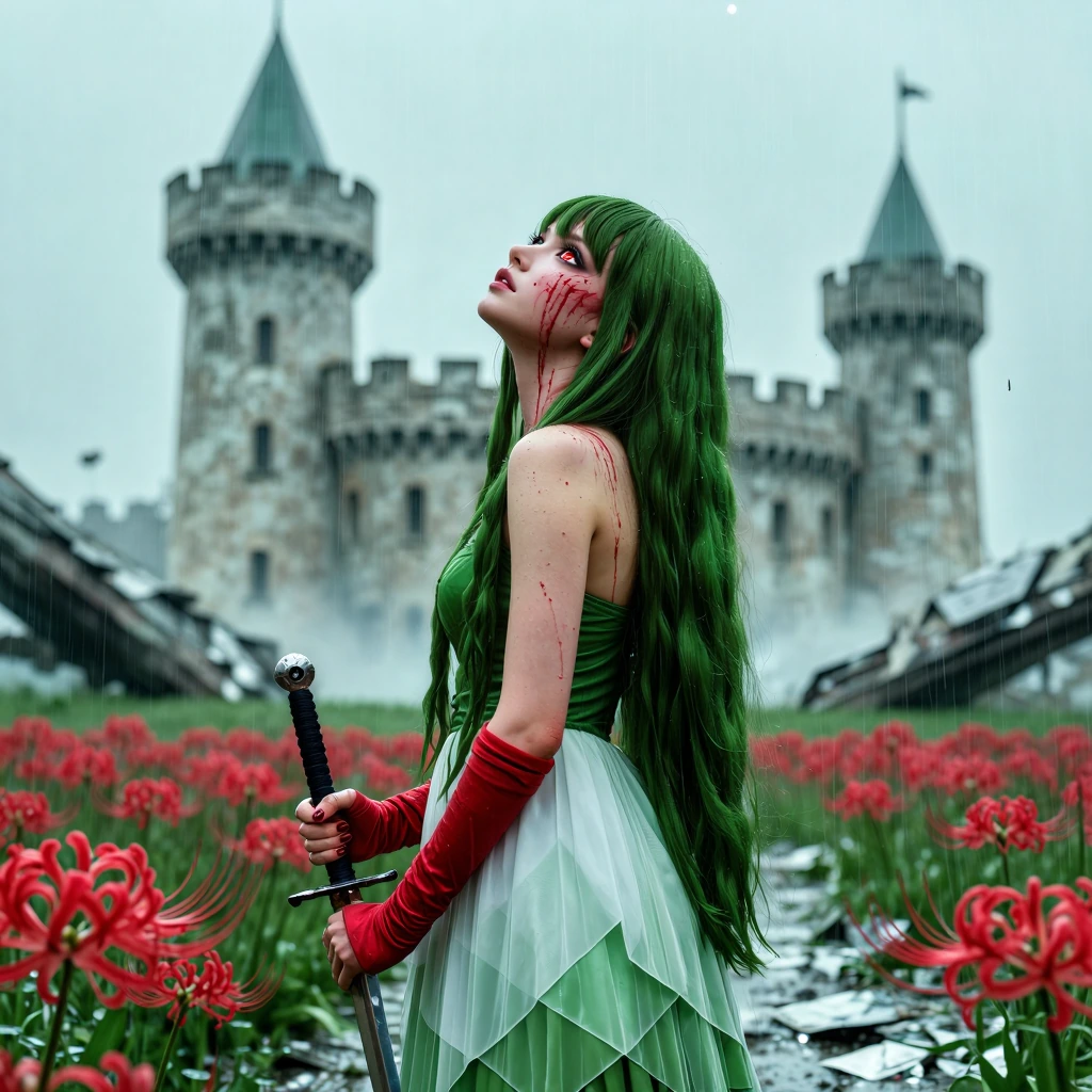 rella, redjuice, wlop, quasarcake, 1girl, red eyes, two-tone eyes, hair over one eye, long hair, green hair, green dress, white dress, bare shoulders, red sleeves, nail polish, medium breasts, standing, looking up, sword, weapon, holding sword, blood