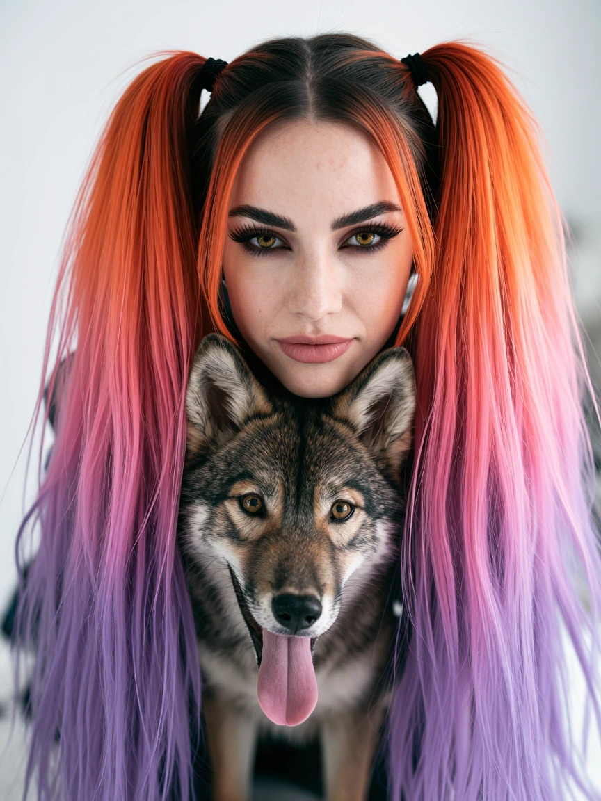 Bombshell brunette hair woman with Twin tails her wolf pup, focus on orange, lavender and pink