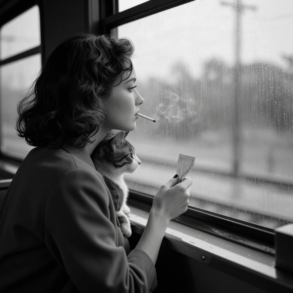 woman in 1940s noir aesthetic with her cat, gazing out a rain-streaked train window, profile composition, classic victory rolls catching soft dramatic side-lighting, holding a worn ticket stub between her fingers, black and white high-contrast photog