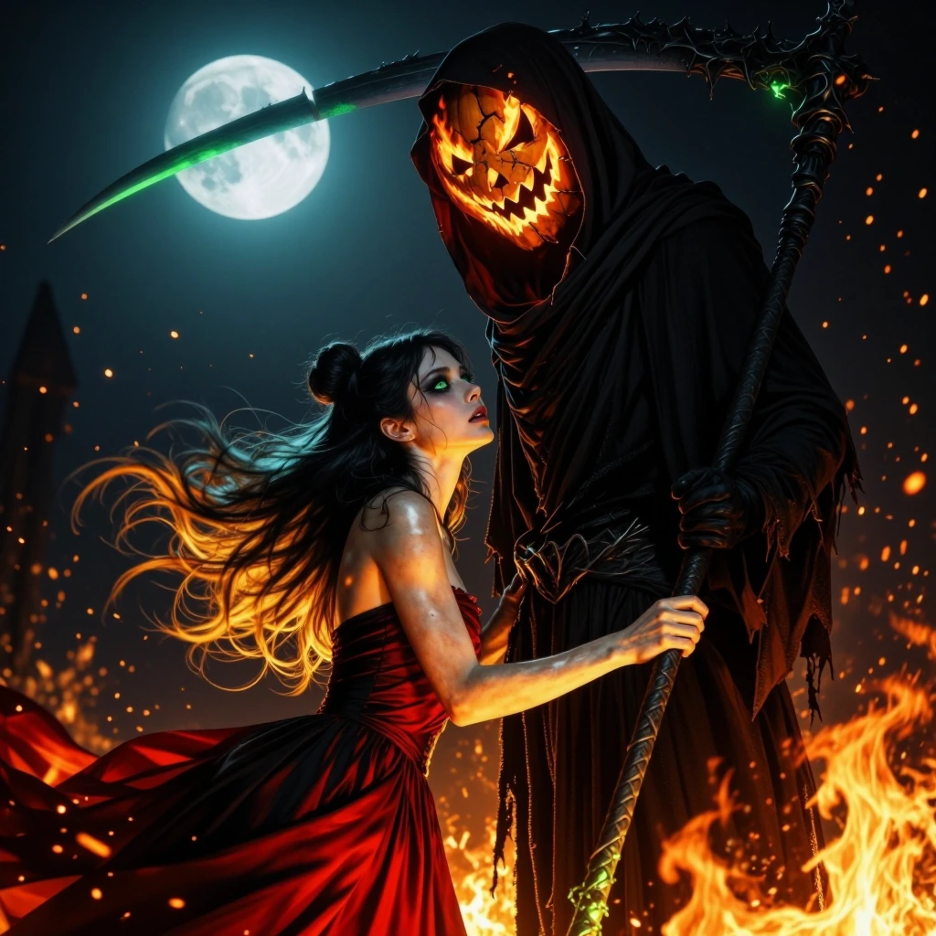 A stunning 4K dark fantasy illustration under a glowing harvest moon. A young woman leans toward a towering man — the cursed Headless Harvester — surrounded by firelight and drifting embers. The woman has long black hair styled in double buns, with l