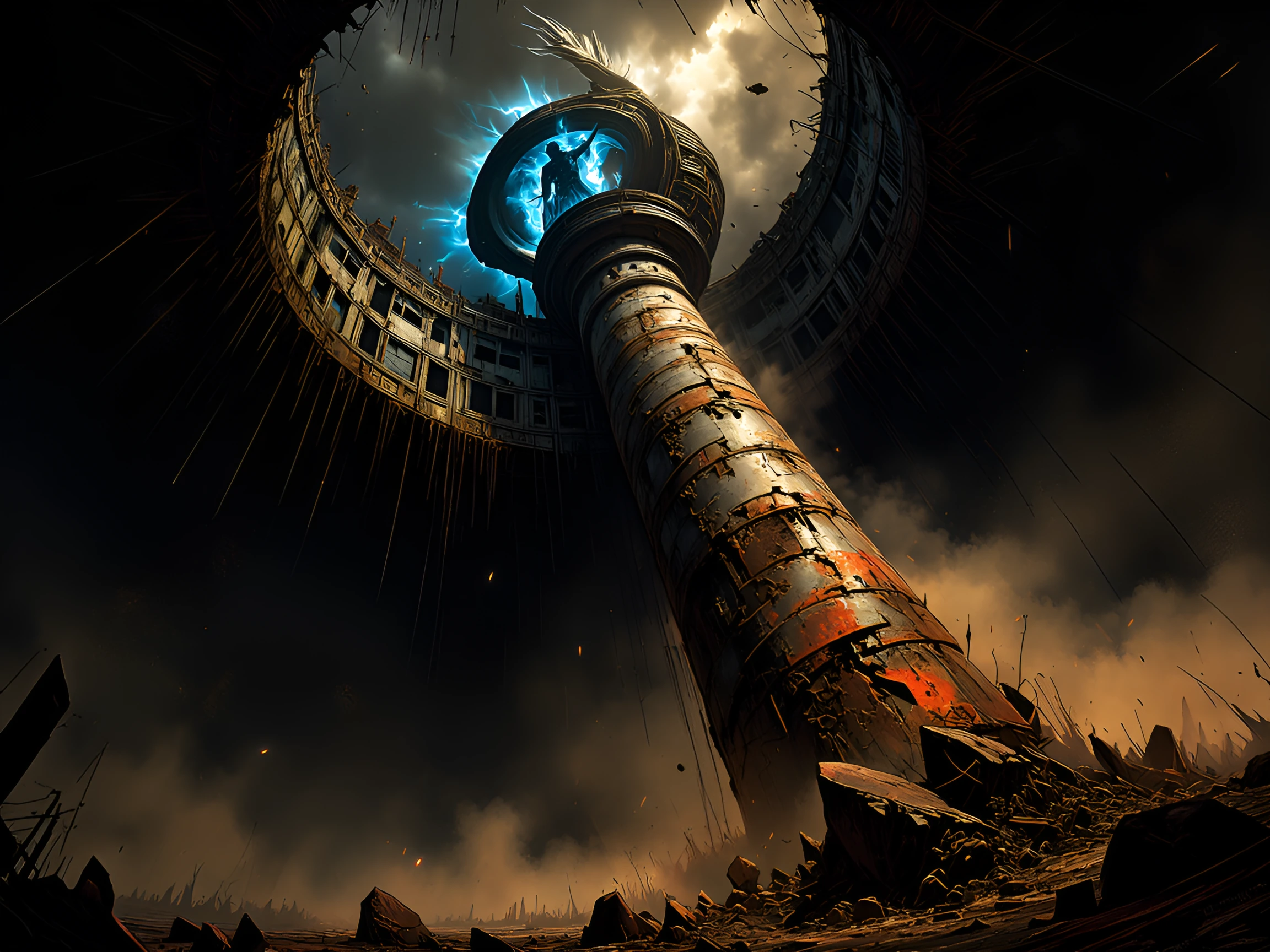 towering brutalist megastructure half-consumed by rust and decay, skeletal steel framework piercing toxic amber sky, cracked concrete facade weeping d