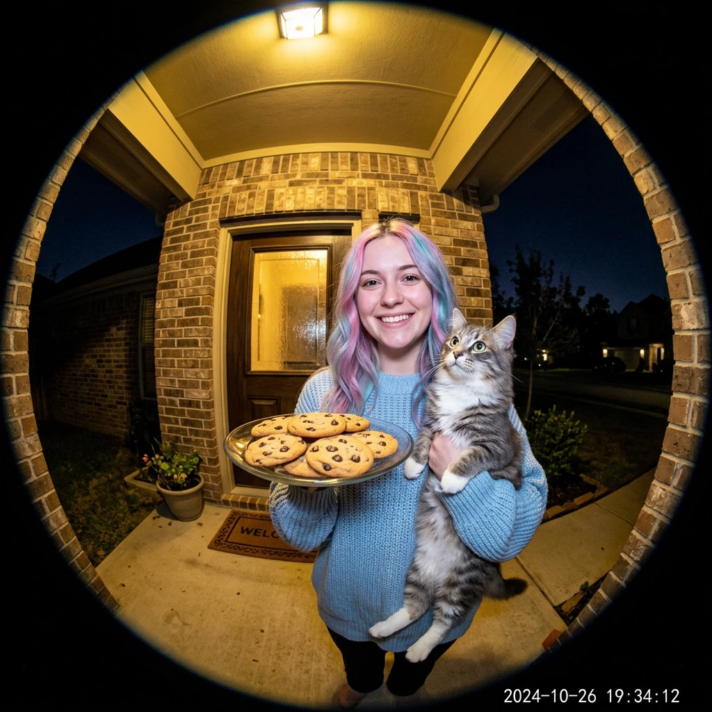 Realistic doorbell camera fisheye POV. Woman with pastel hair, with her cat, wants to come in. She has cookies.