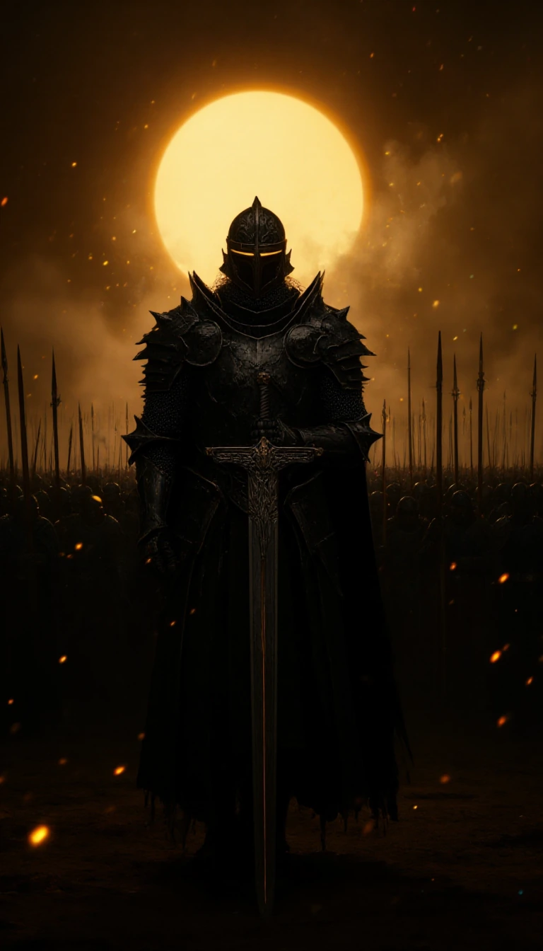 Cinematic full-body shot of a dark knight commander leading a massive army. The knight wears intricate, jagged black plate armor with sharp pauldrons and a Greek-style Corinthian helmet with a glowing golden visor. He holds a long, ornate broadsword 