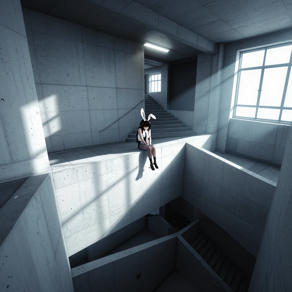 An anime lady with dark hair and white bunny ears sits on a concrete windowsill, her knees pulled to her chest, in a stark, brutalist stairwell. Natural light streams in, casting sharp shadows and highlighting the gritty concrete textures. The color