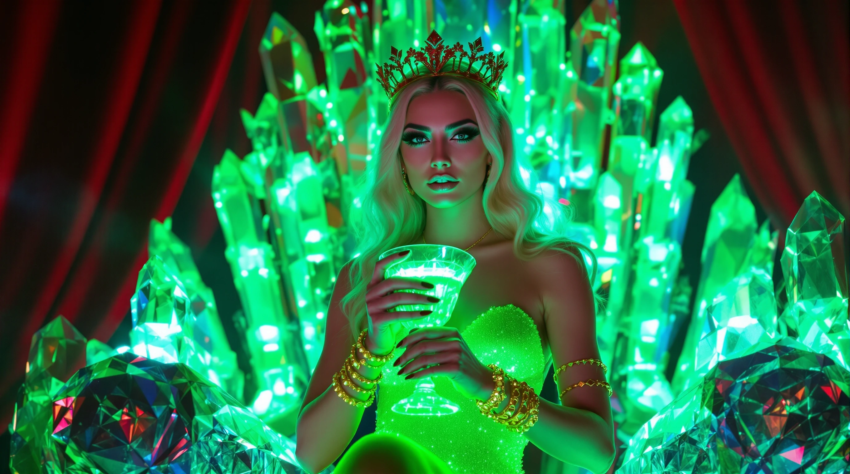 A woman stands confidently on a luminous crystal throne, her neon-green latex gown shimmering with embedded glitter under cascading sunlight, gripping a crystal goblet filled with glowing neon-green liquid, her blonde hair flowing over gold bracelets