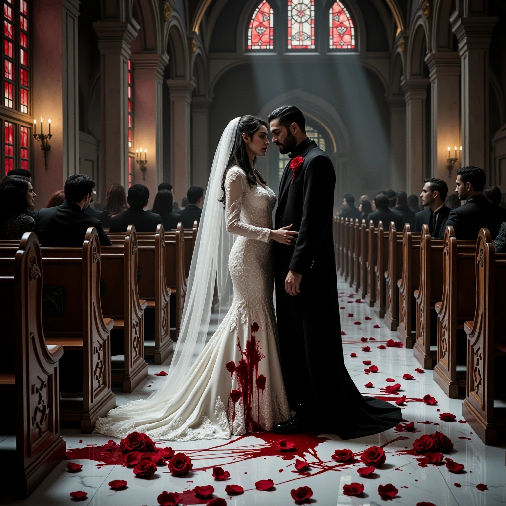 A hauntingly demonic and satanic Turkish wedding ceremony frozen in gothic horror, an impressive Satan as a priestblood-red roses scattered across whi