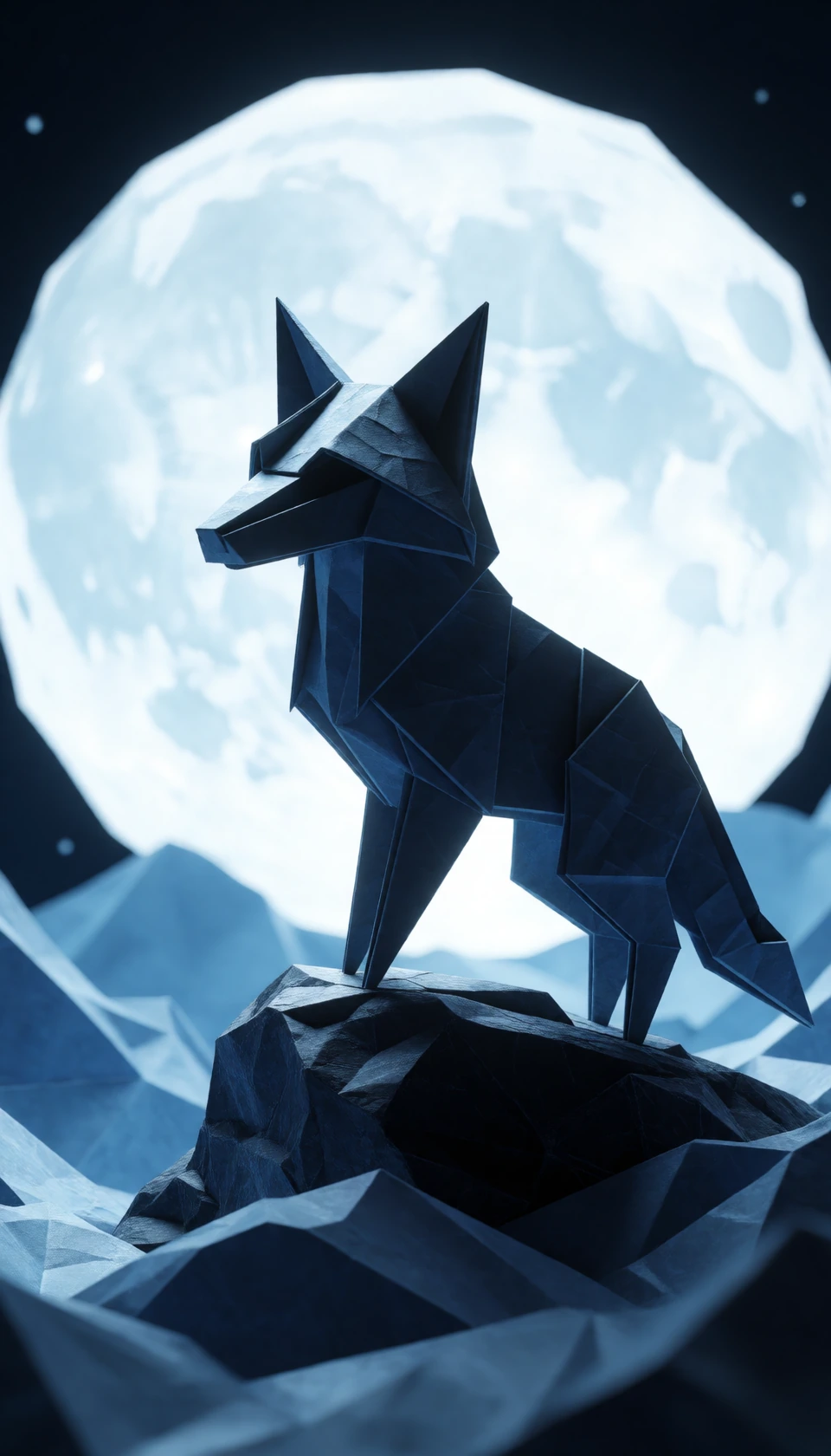 an origami wolf guarding a paper moon