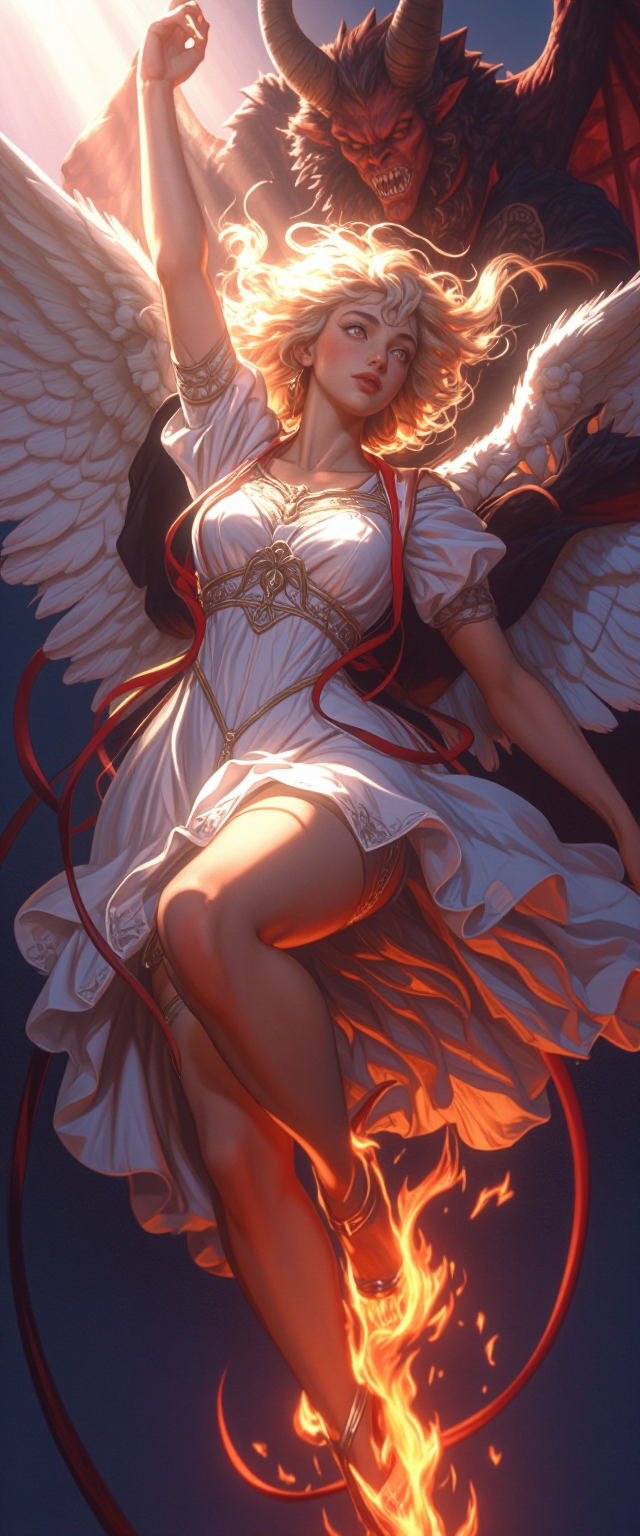 Create a **beautiful angel** bathed in **glowing, pulsating, warm sunlight**. The angel is being **pulled down by a malevolent demon**. The angel's **