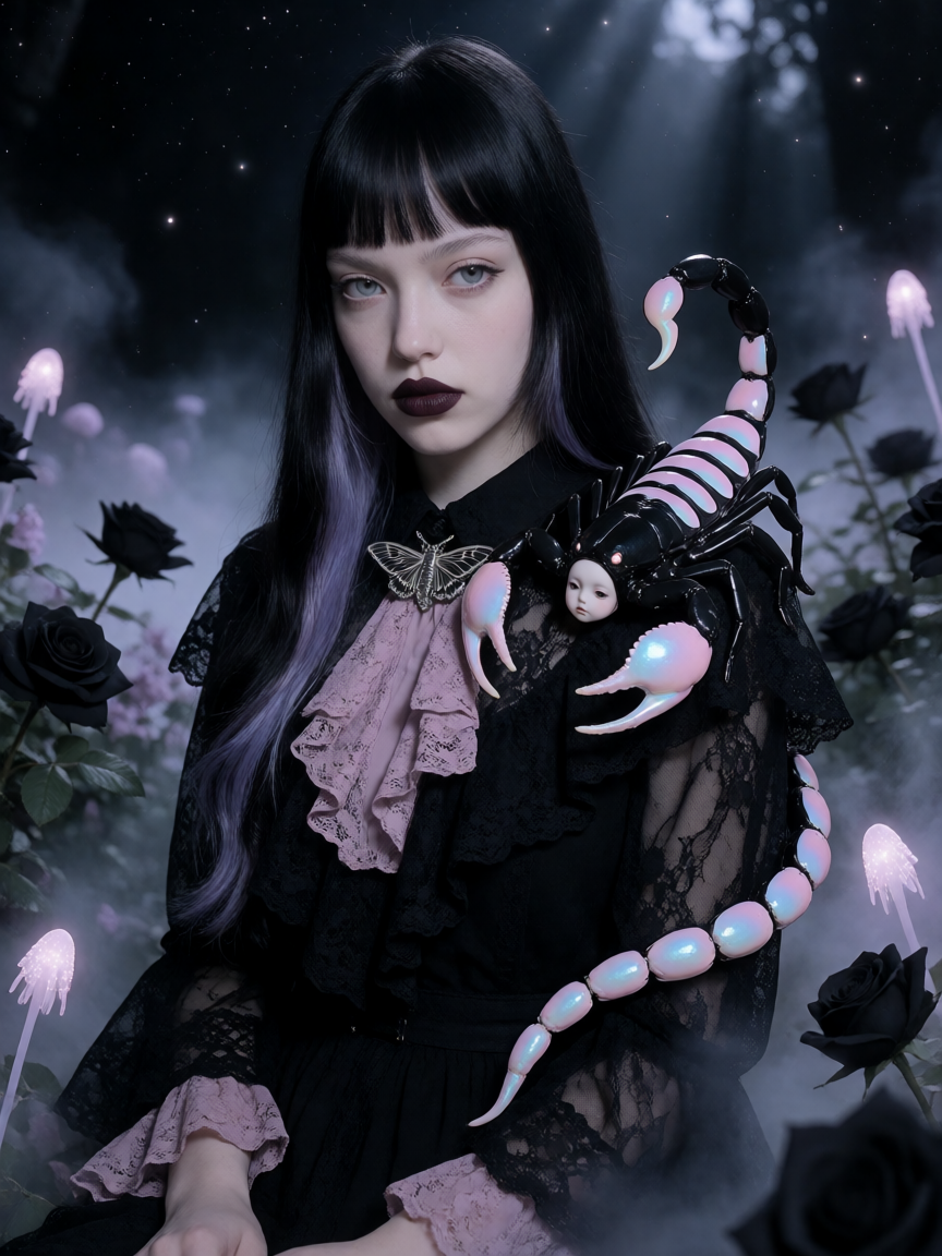 Dreamy dark pastel goth portrait of an original pale girl with a stern, unsmiling deadpan stare, long glossy black hair with faint lavender streaks, dark plum lips, wearing a layered black lace dress with dusty pink and lilac ruffles and a silver mot