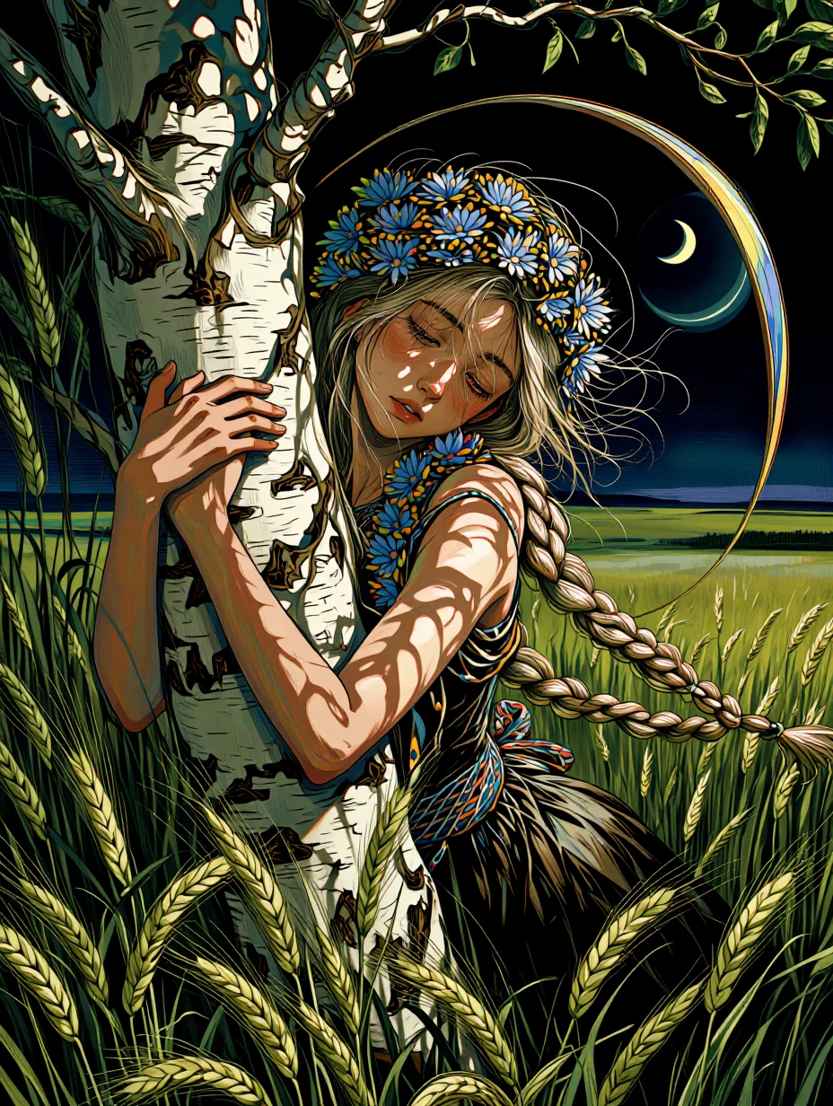 1girl, solo, hug tree, birch tree, blonde hair, blue flower, braid, braided ponytail, crescent moon, field, flower wreath, grass, hair over shoulder, head wreath, holding sickle, long braid, long hair, moon, outdoors, single braid, solo, tall grass, 