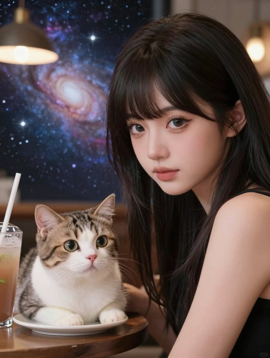 Closeup woman galaxy aesthetic in a cafe in space with her cat, realistic, manga 3d