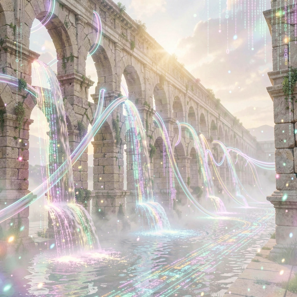 ancient Roman aqueducts reimagined as luminous data conduits, streams of glowing information flowing through weathered stone arches, transparent digit
