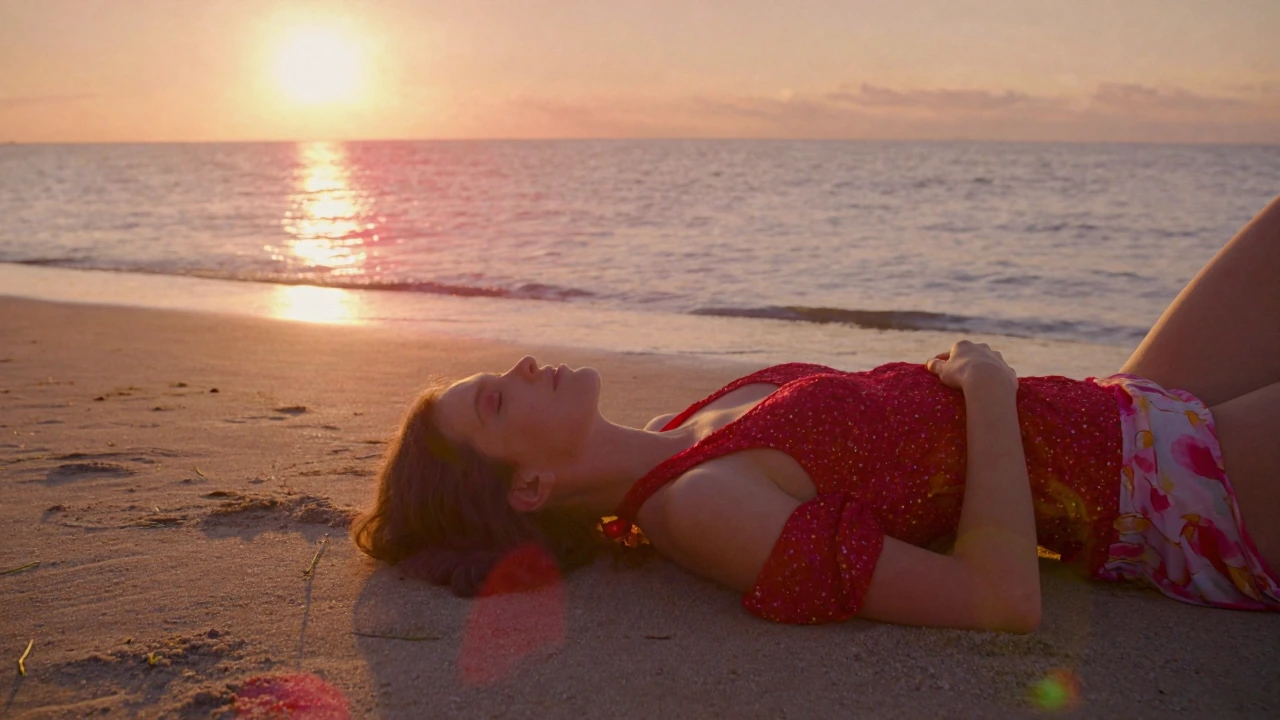A beautiful woman laying on the beach at golden hour wearing a red glittery top, nineteen sixty-nine aesthetic with a surreal dreamlike filter layered across the entire image, warped reality, melting colors, impossible lighting, psychedelic atmospher