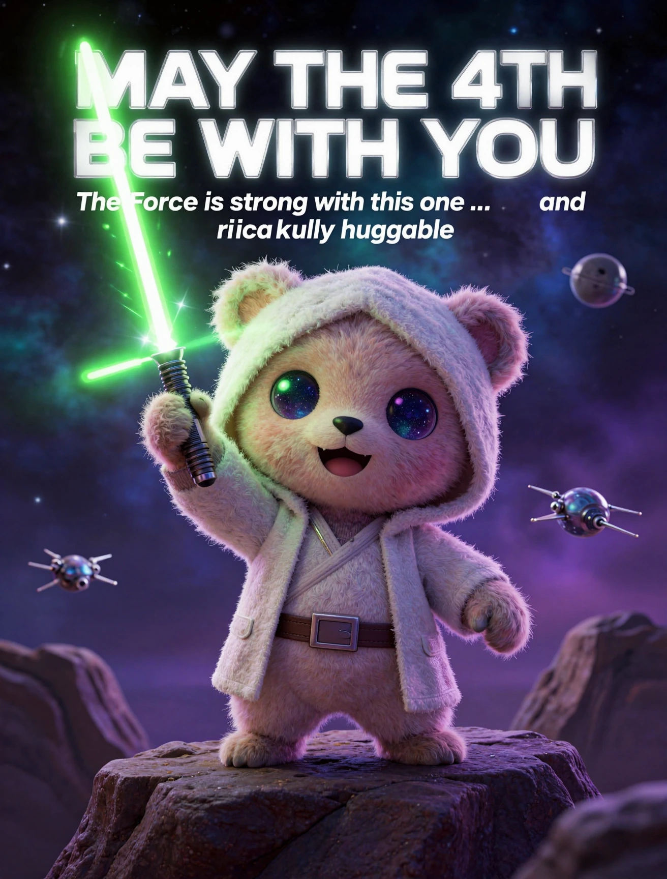 A highly detailed, cinematic movie poster for a fun Star Wars parody comedy. Center stage is an irresistibly cute, ultra-cuddly round teddy-bear-like alien creature with soft fluffy pastel fur, enormous sparkling galaxy eyes, tiny Jedi robes with a h