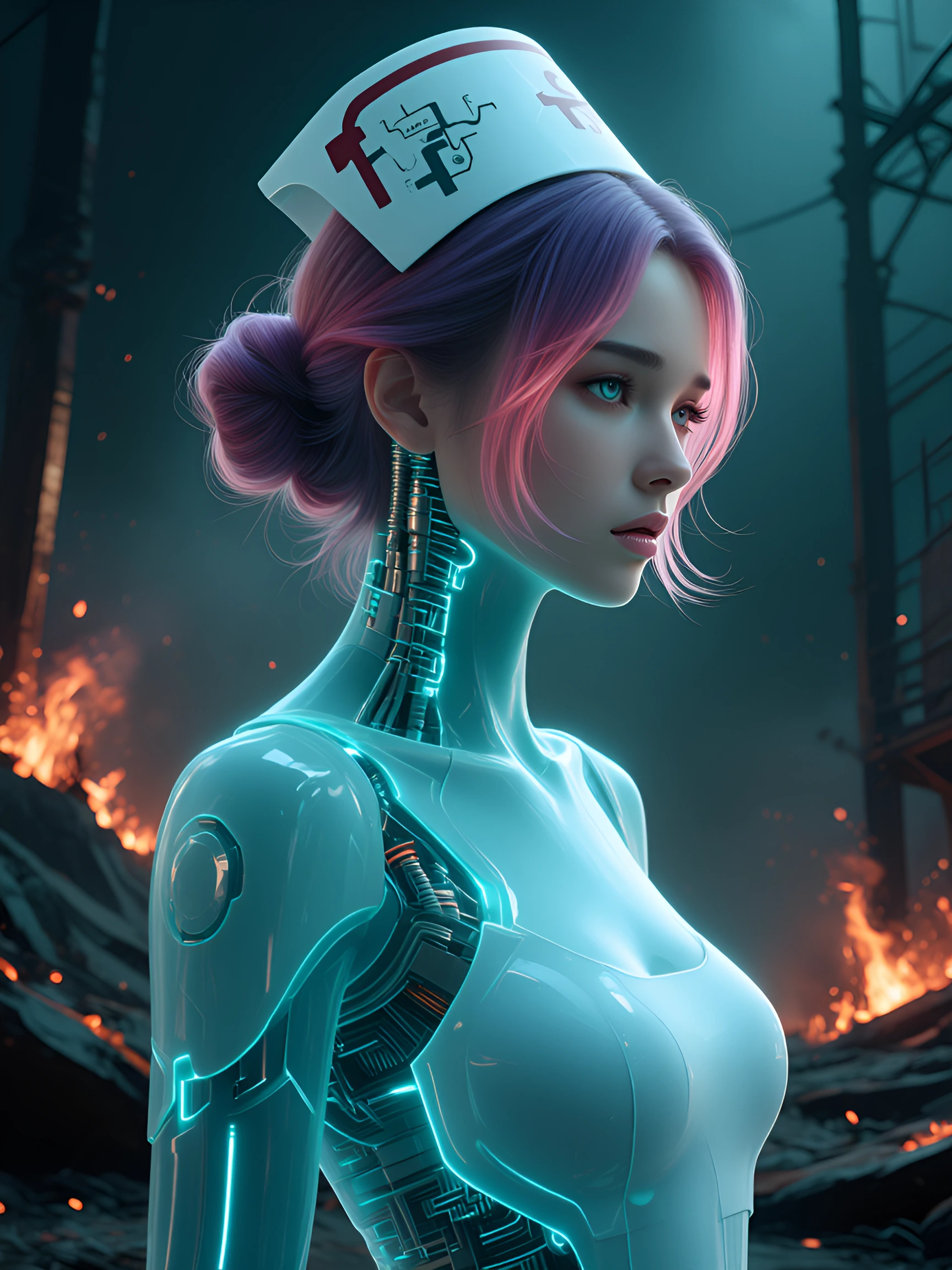 Futuristic nurse multi pastel ombre hair, helping first responders at a disaster scene. emotional scene. airbrushed manga daz3d