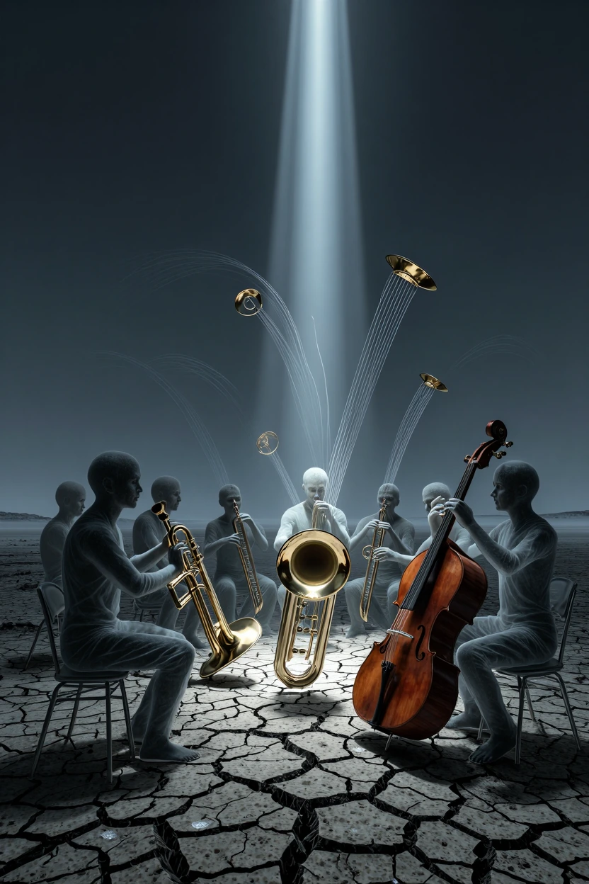 Orchestra of skeletal musicians arranged in a barren field of cracked earth and ash, their instruments pristine and gleaming—polished brass, lacquered