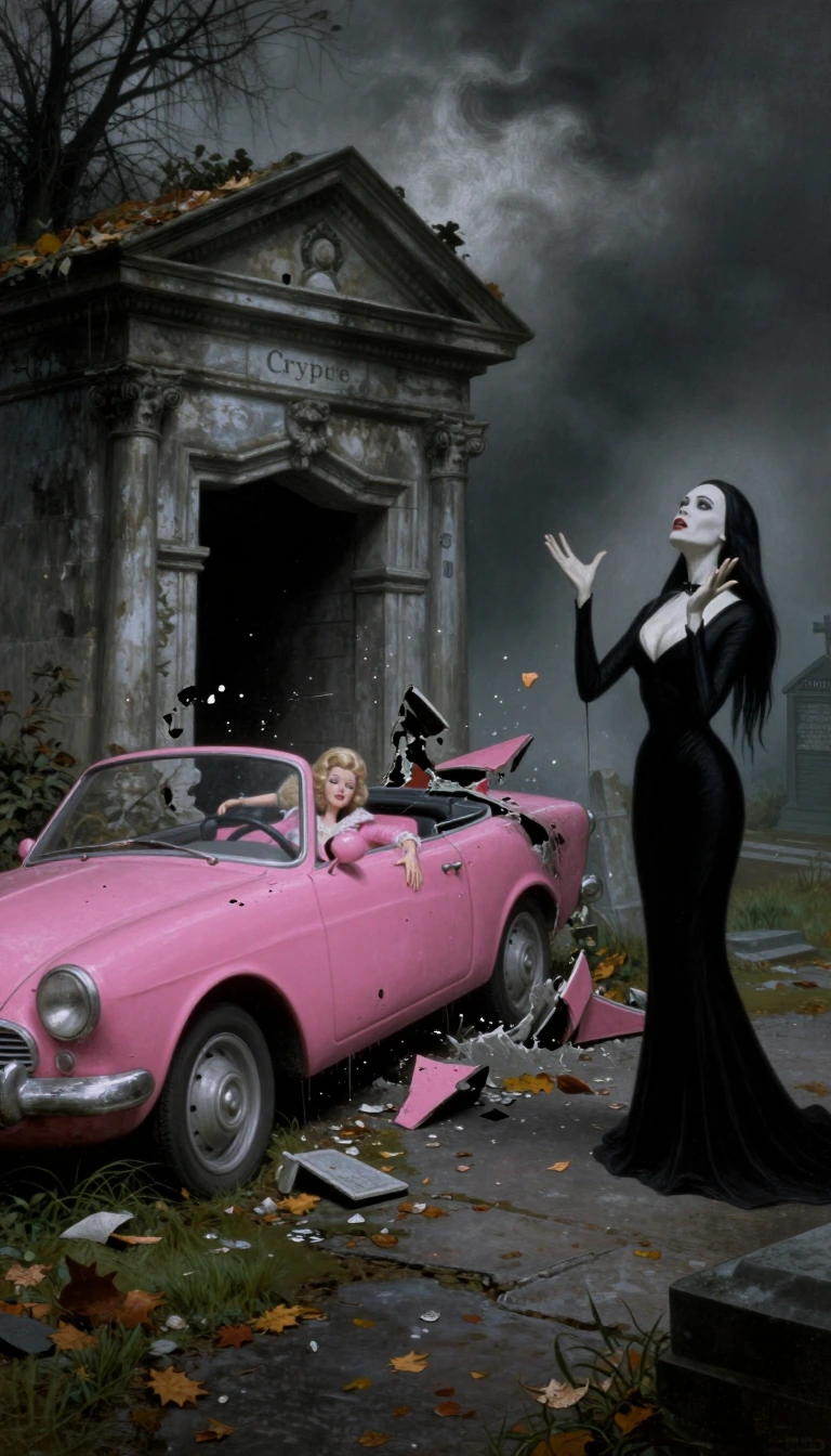Wide cinematic shot of a surreal collision in an old Gothic cemetery overgrown with vegetation. A bright pink vintage Barbie-style convertible has crashed into the side of a weathered stone mausoleum, creating a large hole with debris and fragments o