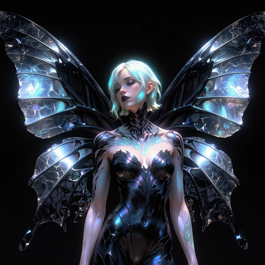 a woman mid-transformation, platinum blonde with cyan undertones, caught between human and butterfly…