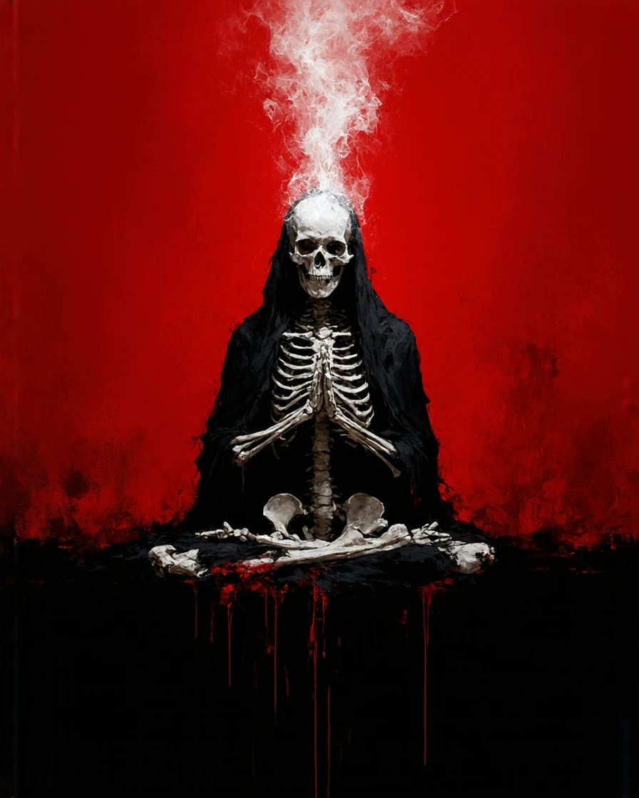 A vertical, fullbody portrait of a skeletal figure meditating in a deep lotus position, rendered in a dark, gritty, and surreal digital art style. The subject is a humanoid skeleton with a visible ribcage, sternum, and skull, draped in a heavy, tatte