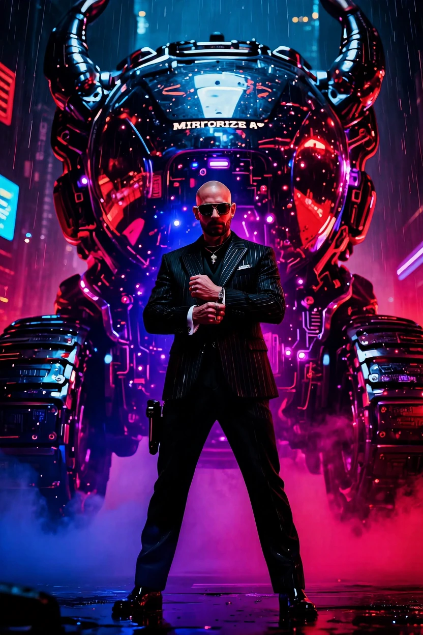 A towering underworld enforcer wearing an impeccably tailored black suit with subtle chrome pinstripes, bald head, trimmed beard, dark sunglasses reflecting neon city lights, standing beside a massive futuristic “Mirrorize AI” armored tank with mirro