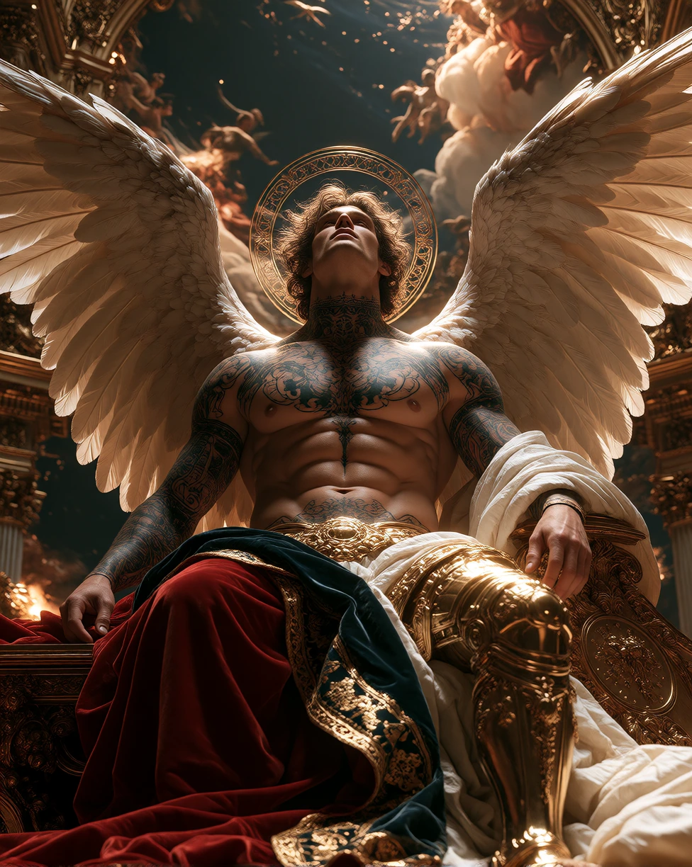 Hyper-realistic, 8k resolution, vertical composition, low-angle shot looking up at a colossal male angelic figure seated majestically. The subject is a muscular, shirtless man with defined abs and pectoral muscles, featuring intricate dark tattoos co