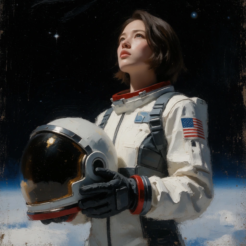 IllusP0s,no outline, dramatic shadows, [ oil painting \(medium\):2], painting \(medium\), impasto, (blending), painterly, traditional_media, large brush stroke,subtle halftone texture, outdoors, outer space, starfield, woman, spacesuit, looking up, h