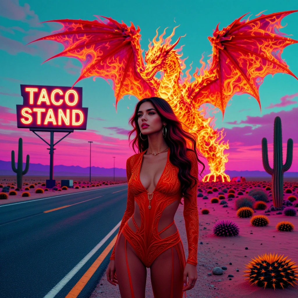 Psychedelic epic desert scene: gorgeous sexy woman with a giant flaming dragon on a desolate highway next to the last glowing "TACO STAND" sign, tumbleweeds, cacti, vibrant neon colors, hot pink teal orange purple palette, cinematic, surreal, Taco Tu