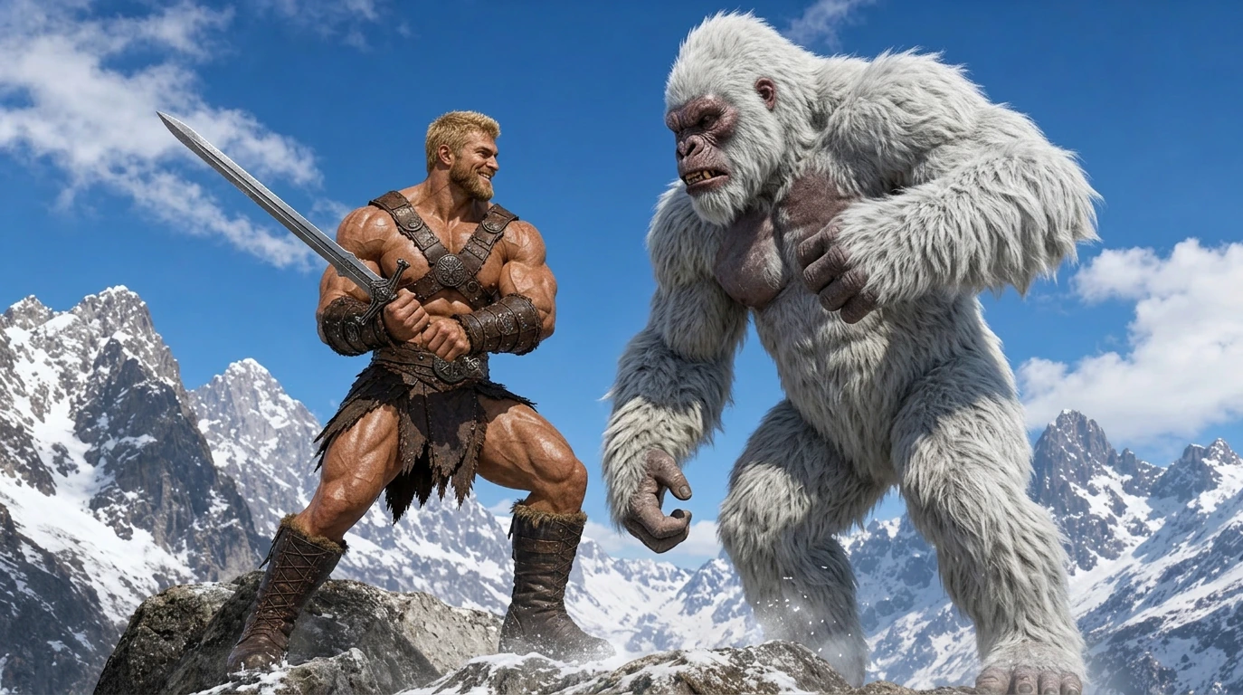 He confronts a Yeti; white fur 9ft tall giant Gorilla like monster. His sword held in both hands.