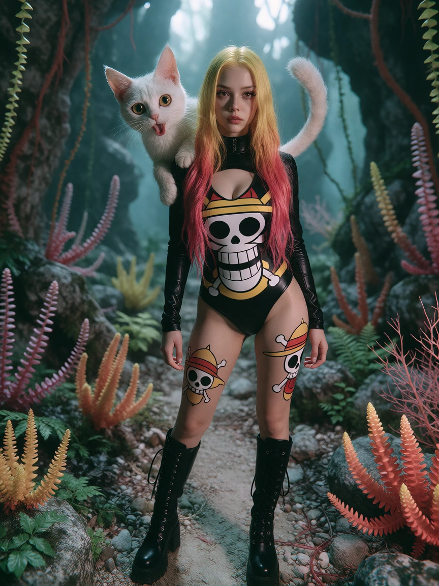 woman one piece cosplay, one piece themed bodysuit, one piece themed cat on her shoulder. Otherworldly background. ombre hair, boots