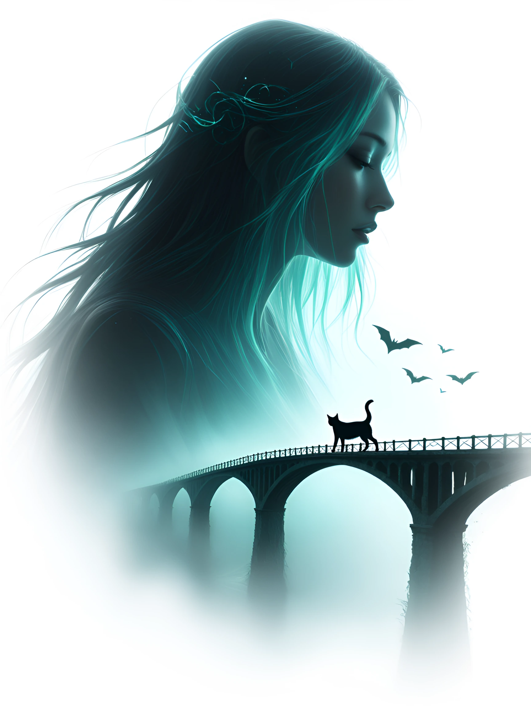 a bridge built entirely of held breath, ethereal, and mysterious, bats and ghosts, a cloaked woman closeup stands on the bridge with her cat