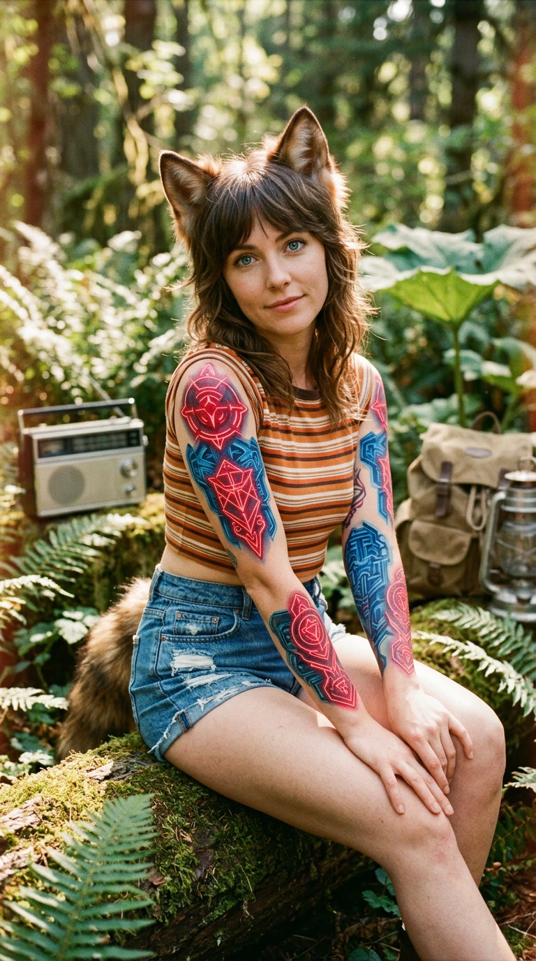 A realistic photograph with a distinctive vintage 1970s aesthetic and soft, airbrushed lighting. The portrait features a gorgeous, natural "woman next door" type woman with captivating, bright blue eyes and soft brown hair styled in a natural shag. S