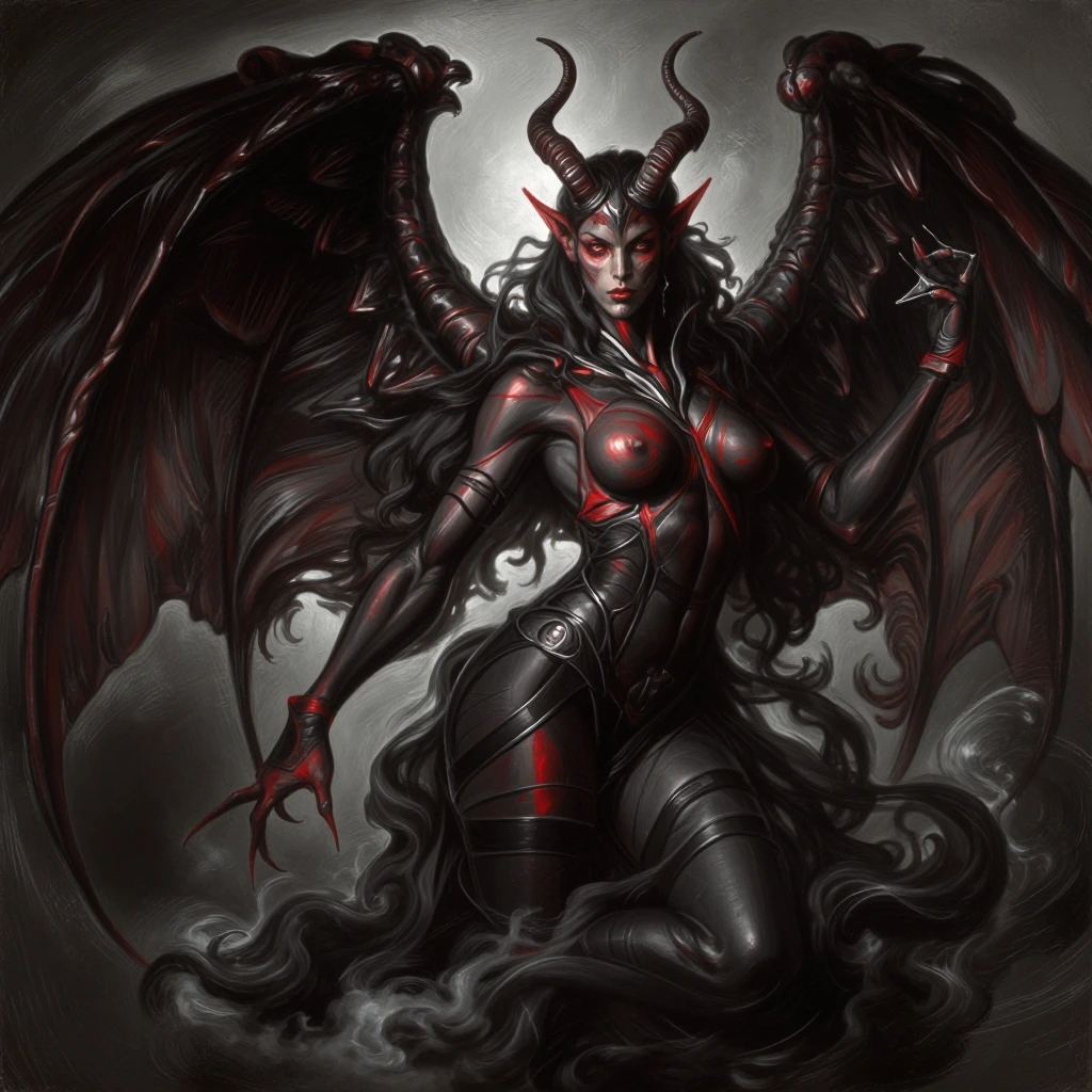 A towering demonic figure with elongated horns and shadowy wings emerging from billowing black smoke, rendered in dramatic chiaroscuro lighting with d