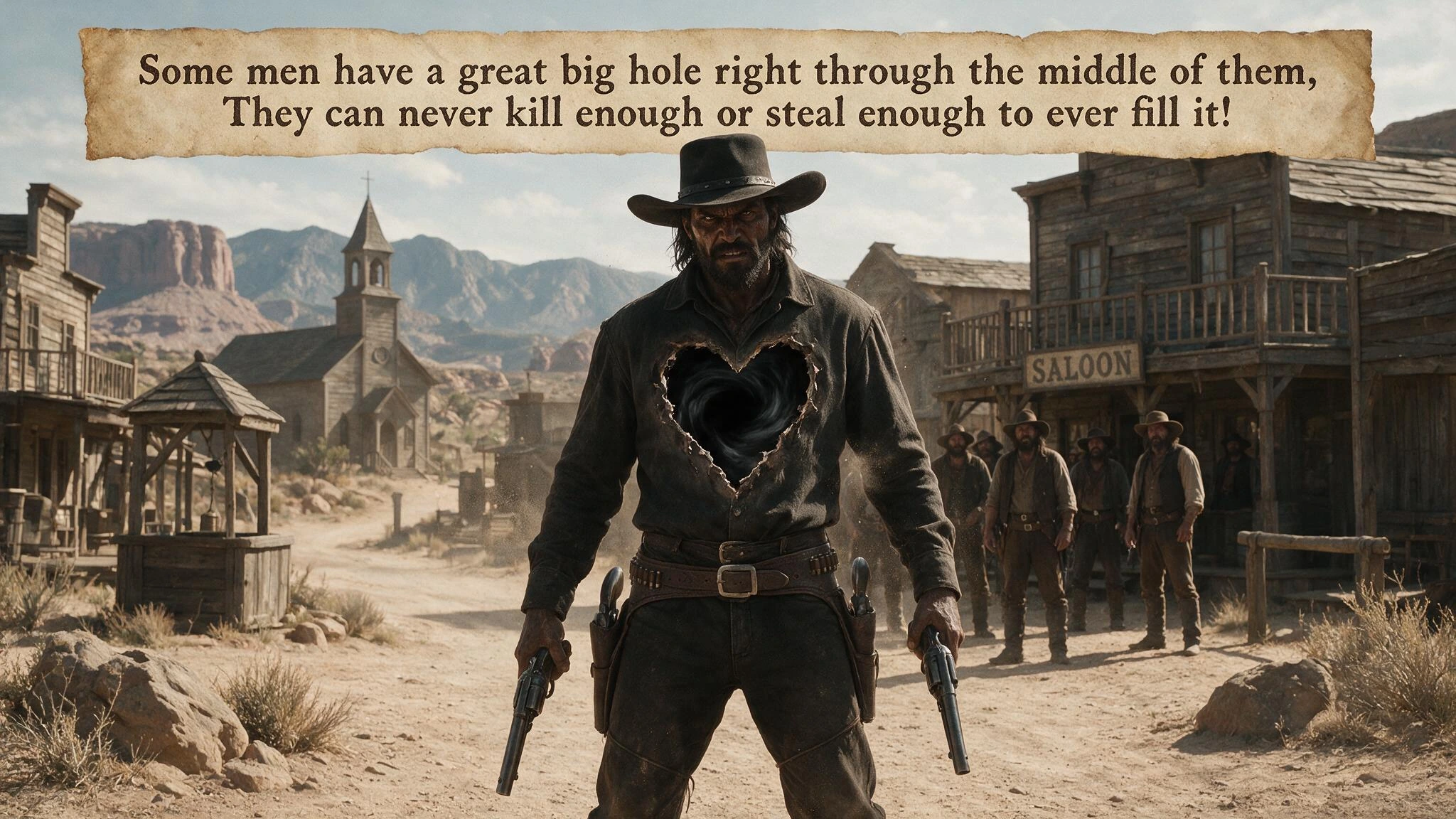 "Some men have a great big hole right through the middle of them, They can never kill enough or steal enough to ever fill it!" broadcloth cowboy Dual Pistol wielding Swarthy Vicious Wild West Bandit Leader, His chest has a hear-shaped blackhole where