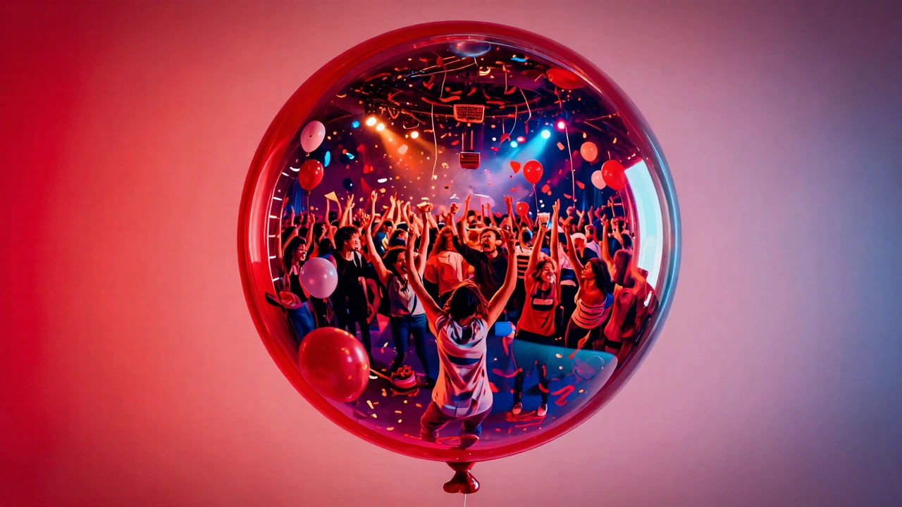 A single large, shiny red birthday balloon floating in a soft dreamy atmosphere, the balloon is translucent and acts like a miniature glowing planet. Inside the balloon, an entire vibrant world is visible: a lively celebration with dozens of happy pe