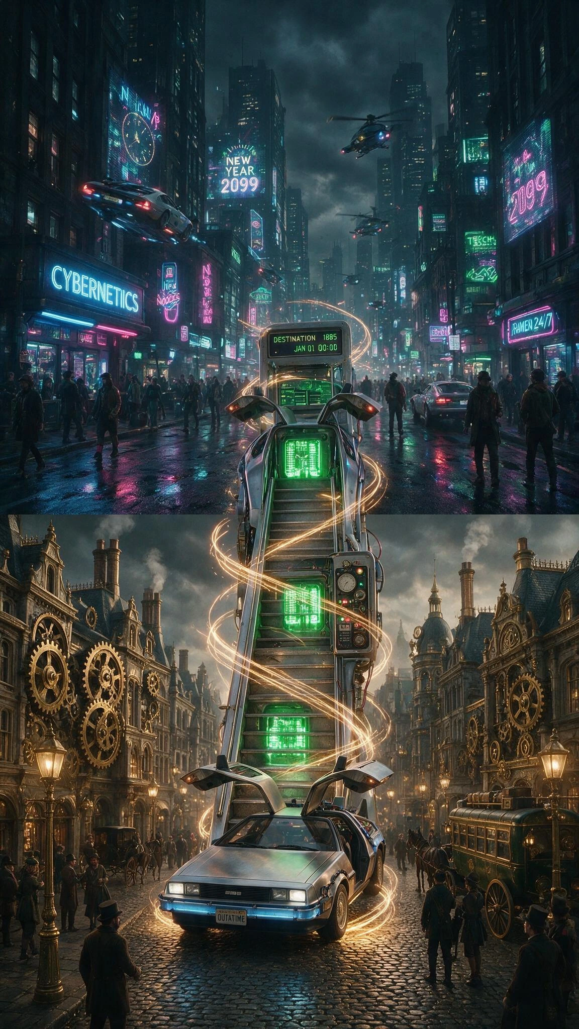 a staircase that ends in yesterday; A split-level image with a dystopian cyberpunk futuristic city street full of cyberpunk characters in the upper level of the image. The lower level of the image has a great Victorian Steampunk City full of steampun