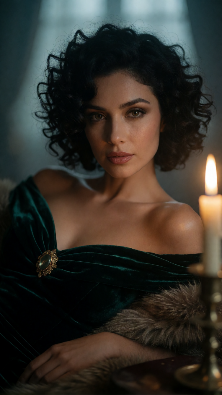 (masterpiece), best quality, expressive eyes, perfect face, Hyper-realistic high-fashion editorial portrait of an adult woman reclining on a fur throw in a dimly lit lounge, waist-up crop emphasizing face and décolletage; voluminous dark curls, lumin