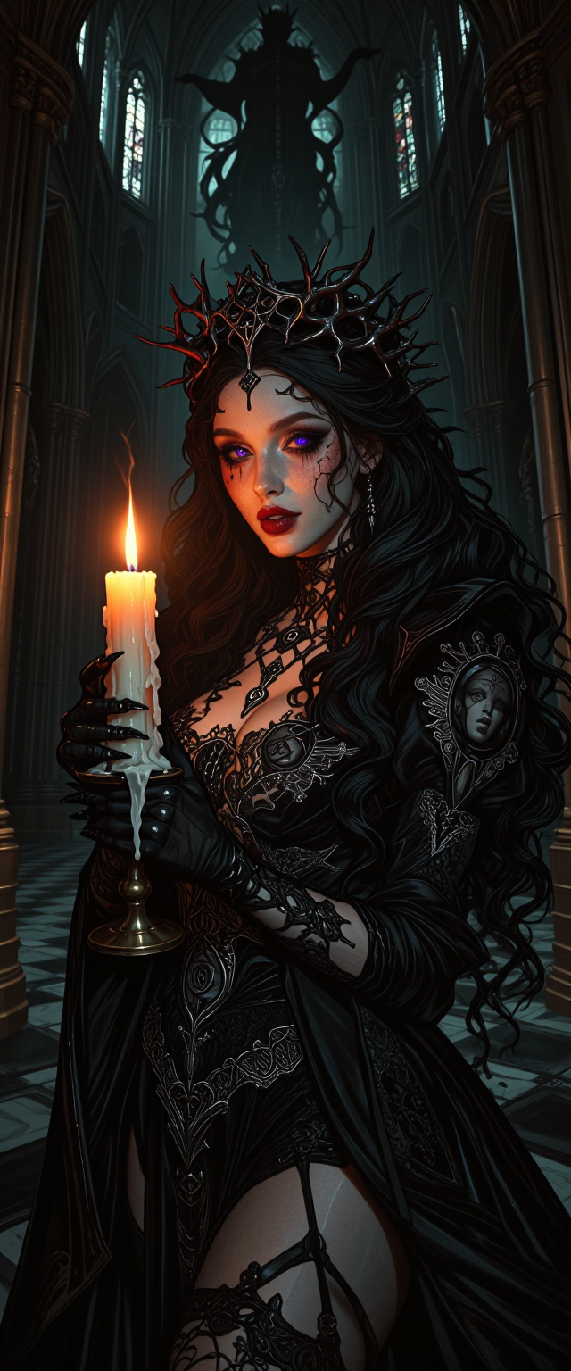 Create a high-resolution, ultra-detailed, photorealistic gothic horror portrait of a beautiful, ancient queen in a decaying cathedral, holding a singl