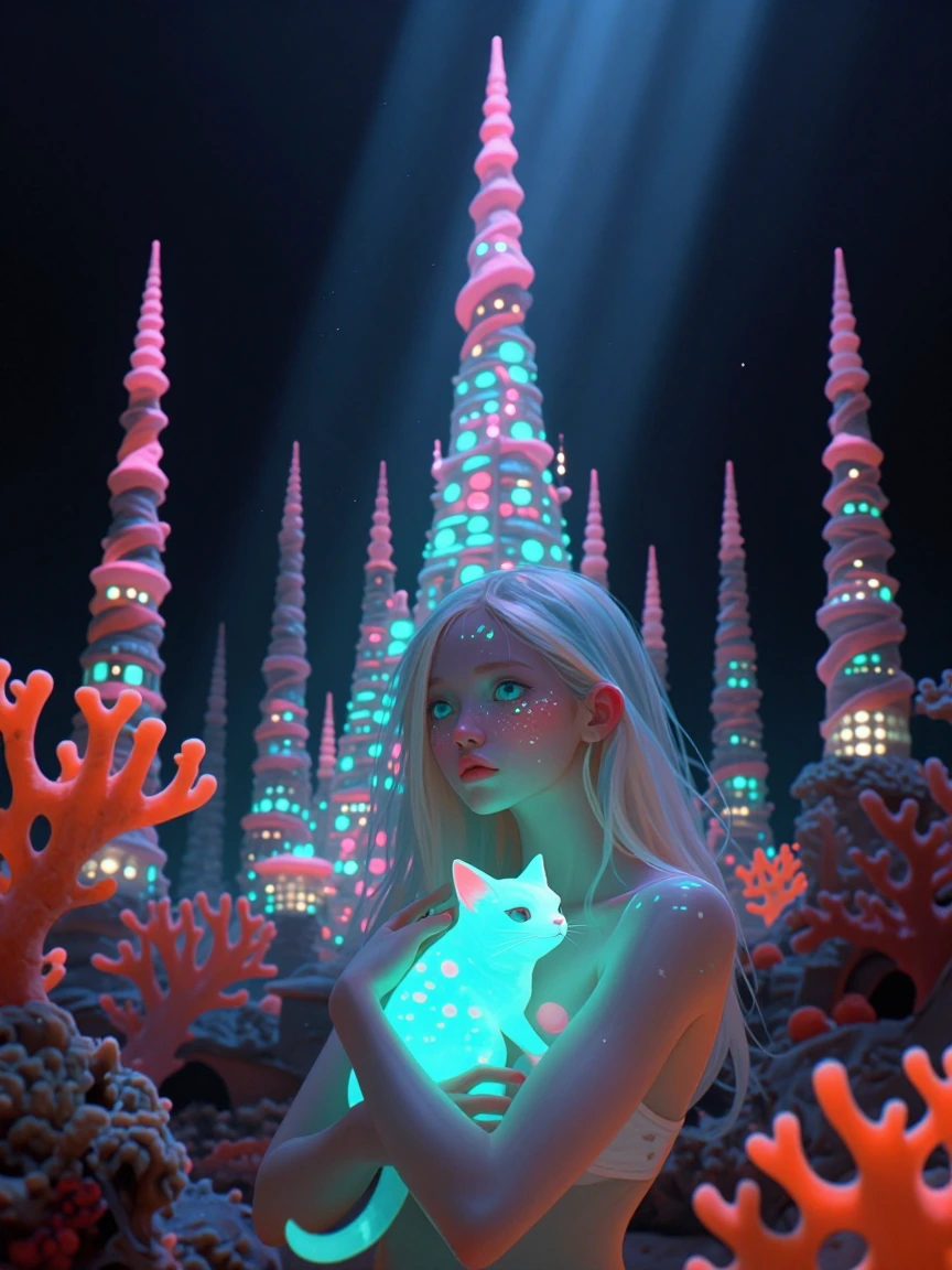 Fish-woman with translucent scaled skin and bioluminescent freckles across her cheekbones, holding a small glowing fish-cat creature against her chest, her wide eyes reflecting the light of the coral city behind her. Shot from a low angle to emphasiz