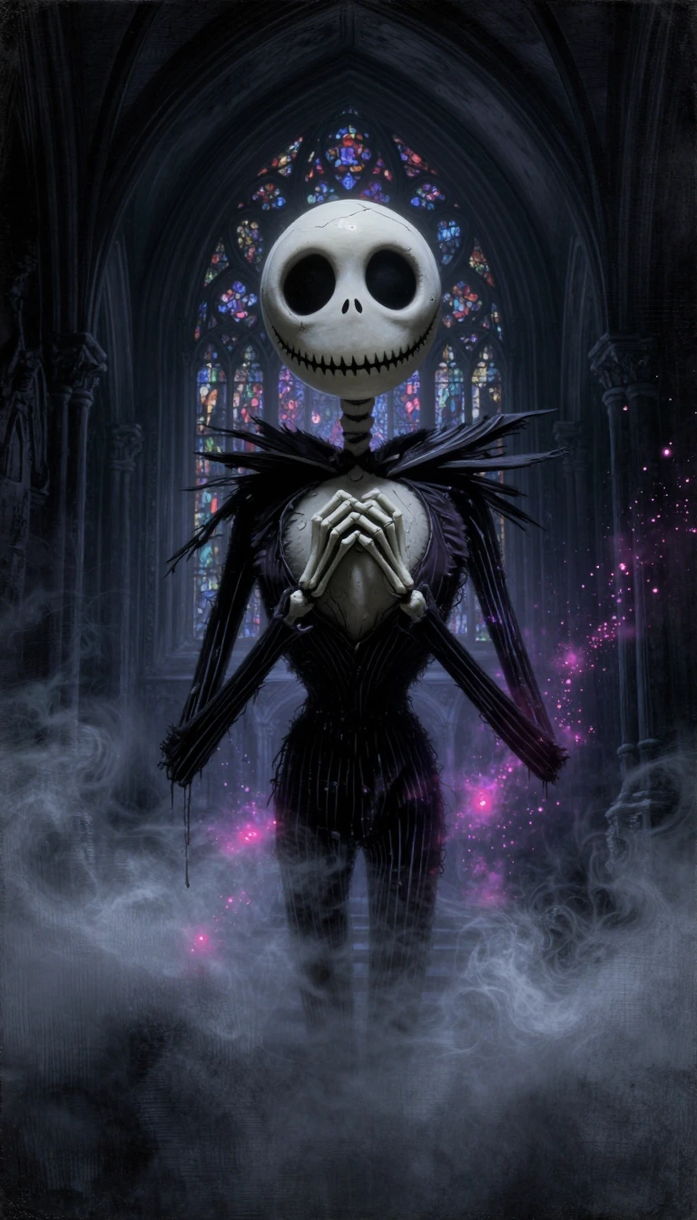 A dark, painterly Gothic illustration in the distinctive visual style of Tim Burton, featuring a melancholic yet charming creature inspired by Jack Skellington. The creature has a large, disproportionate, cracked skull-like head with huge, staring, w