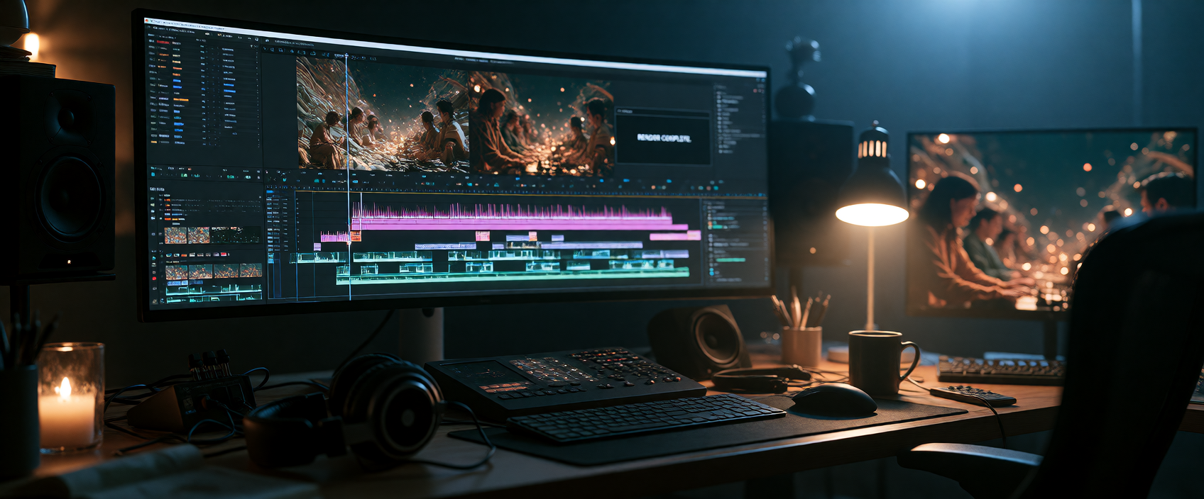 An empty, dimly lit video editing suite late at night. A large ultrawide monitor glows with an editing timeline fully assembled, colorful clips stacked neatly across multiple tracks, the playhead resting at the very end. A small dialog box on screen