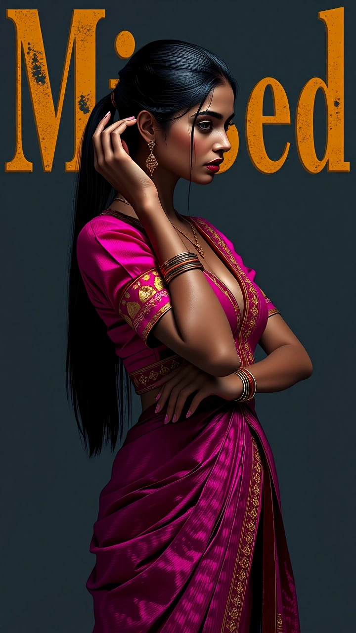 A highfashion editorial poster. A tall, toned Bengali woman with an Scurve figure, long black hair in a low ponytail, wears a rani pink short blouse with gold borders and a deep neckline, paired with a lowwaist dark pink saya. From a side angle, she 