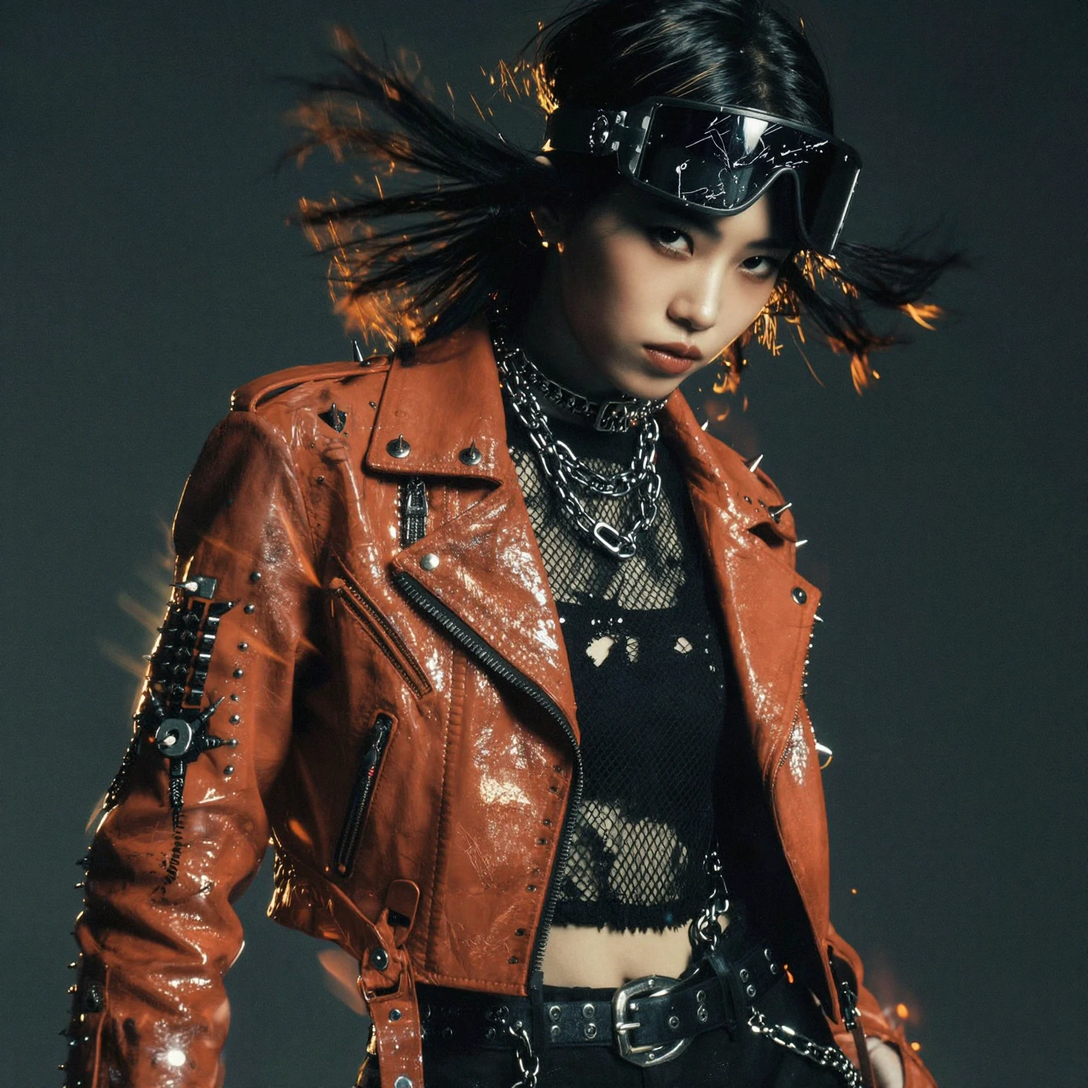 PrettyNova, 4k, 8k, cinematic, 35mm, motion blur, analog grain, contrast heavy, cyberpunk fashion editorial. A fierce-looking model turns her head mid