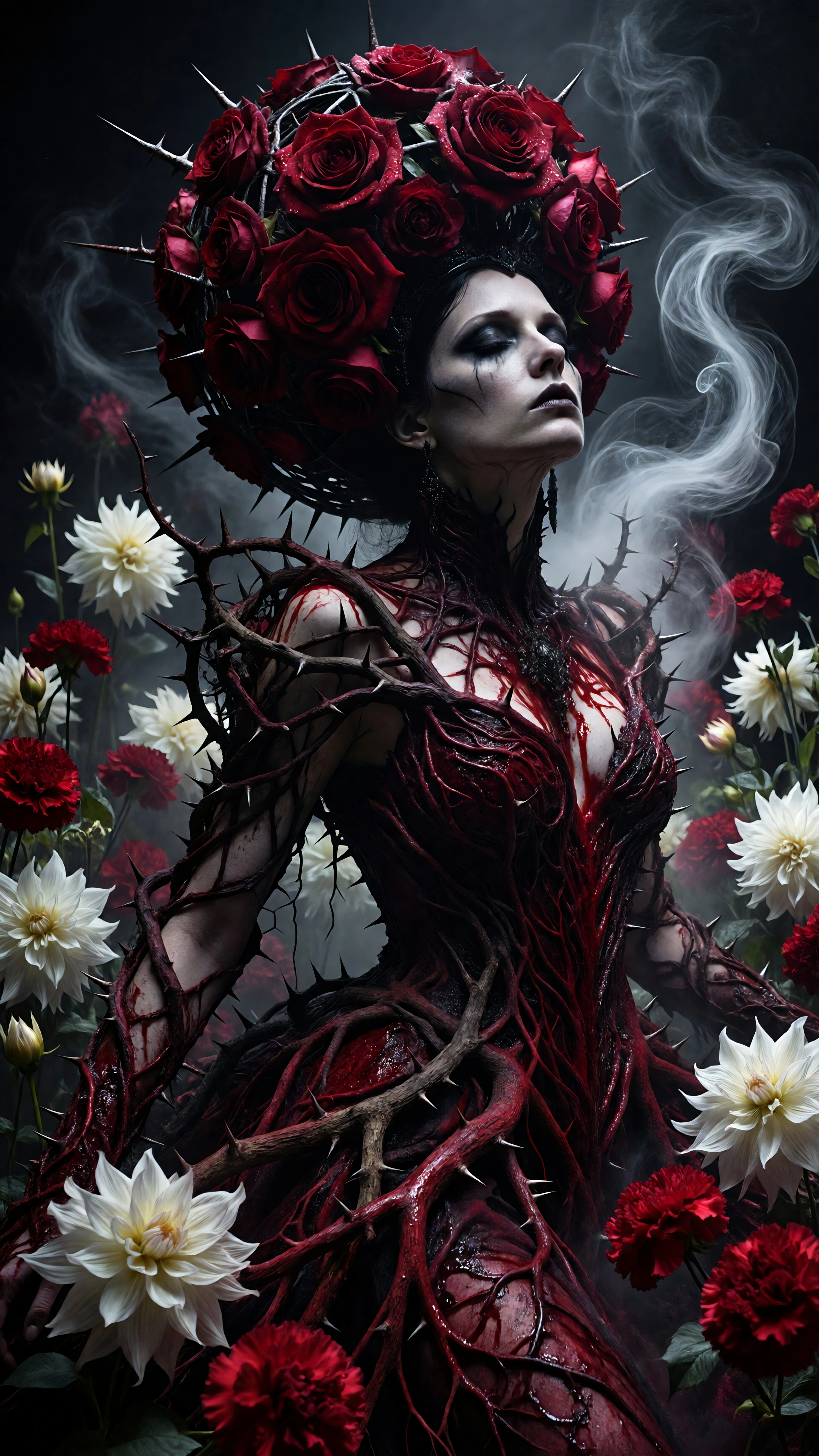 She stands there, motionless, at the crossroads of the living and the ethereal, while brambles trace…