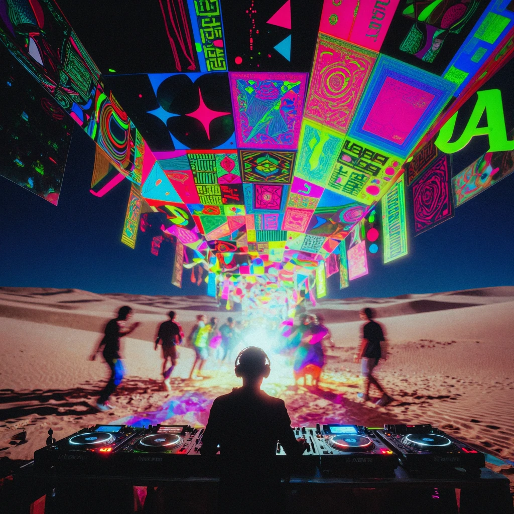 A DJ silhouetted at turntables under a vast desert night sky, Hassan Hajjaj's maximalist collage aesthetic vibrant geometric patterns and bold typography layered across the scene in clashing neons (hot pink, electric blue, acid green) against deep bl