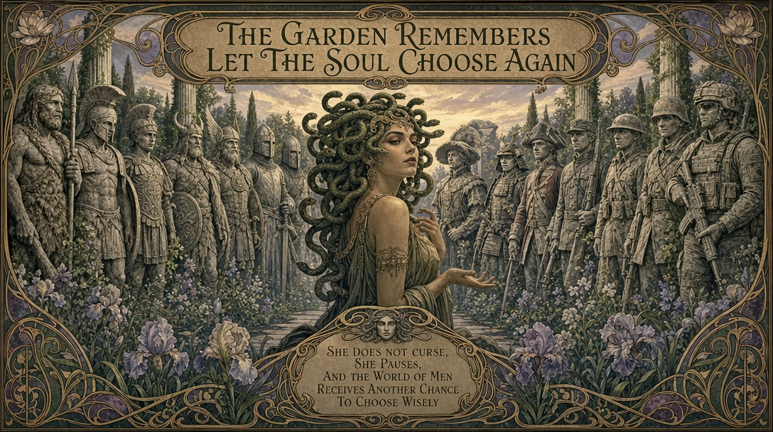 Art Nouveau depicts the concept of trying again... Medusa and her garden of statues... Men frozen in stone ranging from ancient Greeks all throughout history until modern soldiers (Cavemen, Spartans, Romans, Celts, Vikings, Medieval Knights, Renaissa