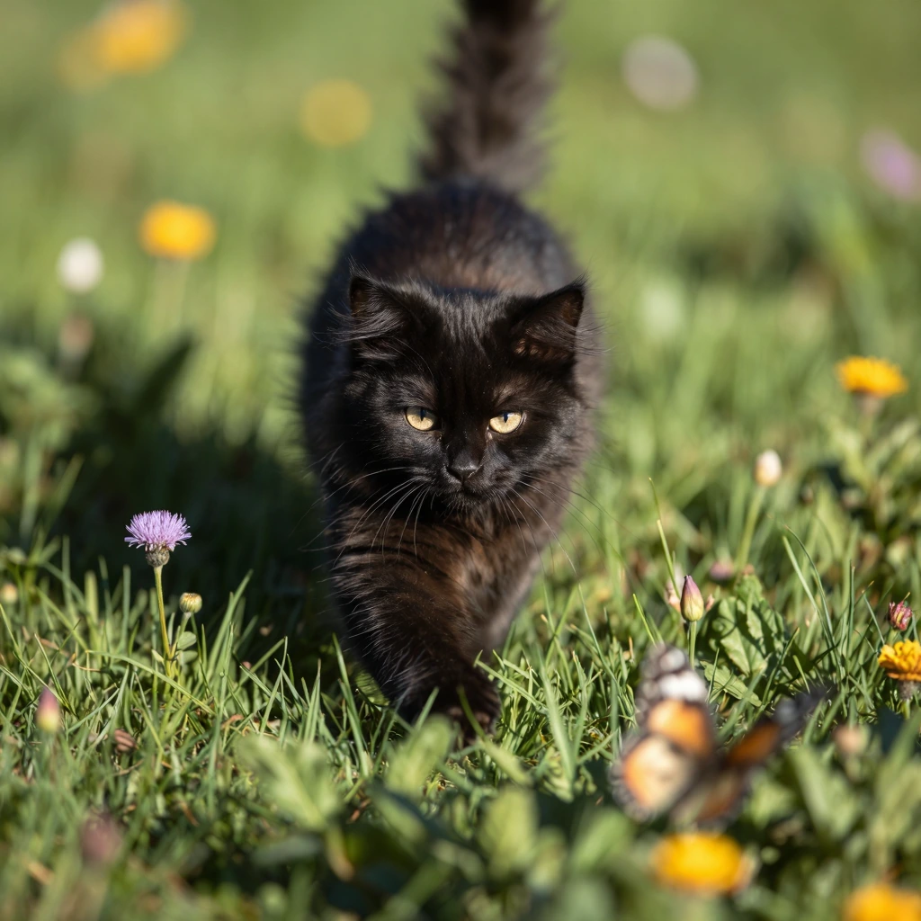 Fluffy black kitten stalking a butterfly through wildflowers, midday natural light with soft shadows, amateur composition with off-center framing